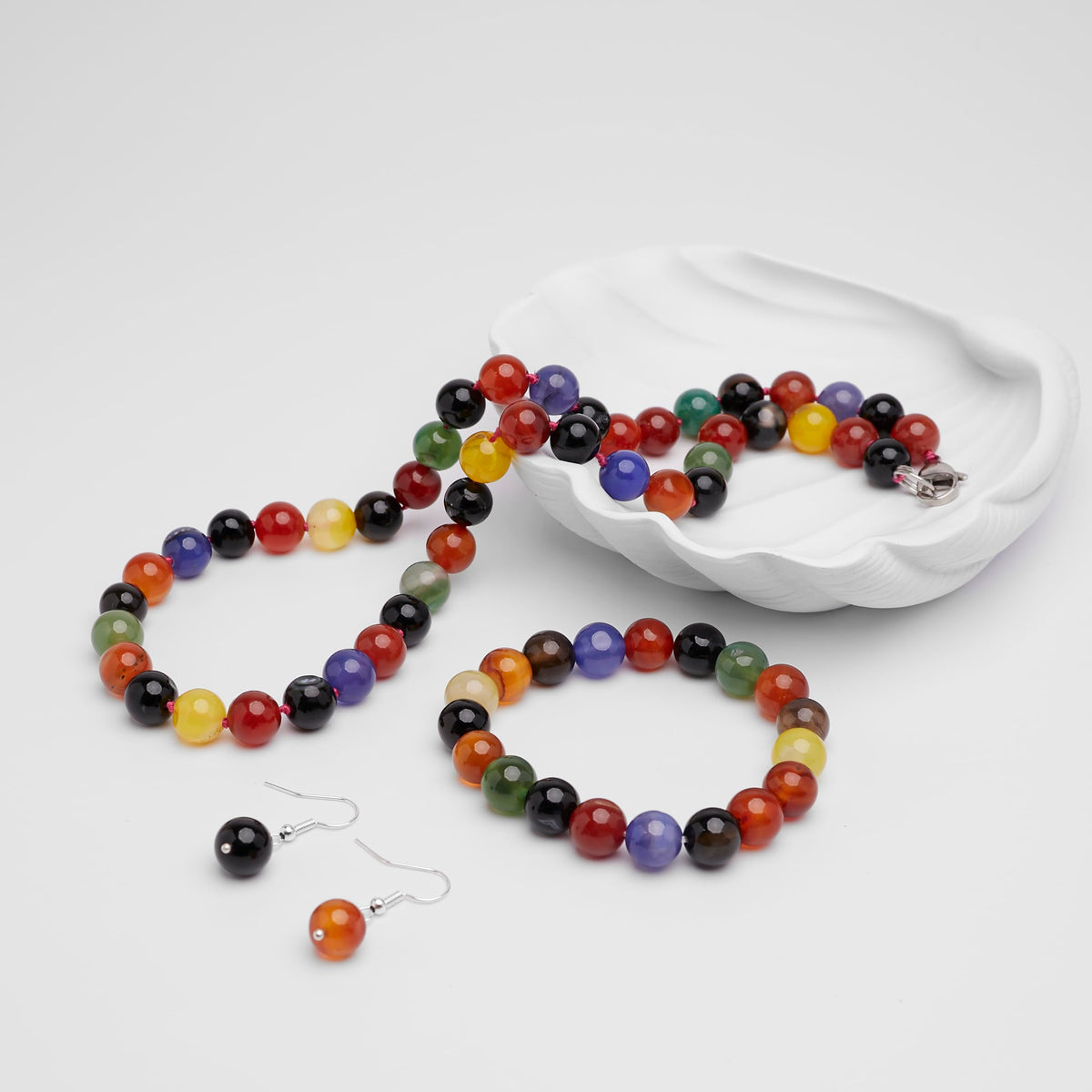 Women’s multicolour agate necklace bracelet earrings 10mm beads