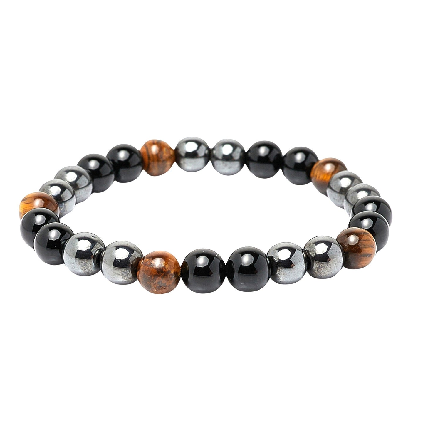 Mens Gemstone Beaded Stretchy Bracelet | Handmade 8mm Natural Tiger Eyes/ Black Agate/Hematite Stretchy Gemstone Bracelet