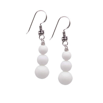 Womens Natural Gemstone Triple Bead and Sterling Silver Dangle Drop Earrings Handmade White Shell
