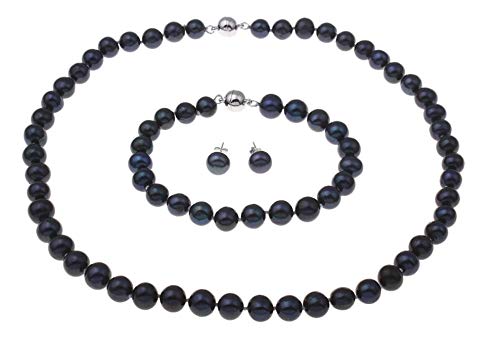 7mm Black Pearls Necklace, Bracelet Earrings Set Magnetic Clasp