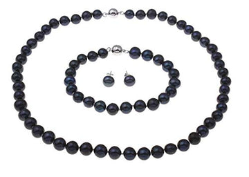 7mm Black Pearls Necklace, Bracelet Earrings Set Magnetic Clasp