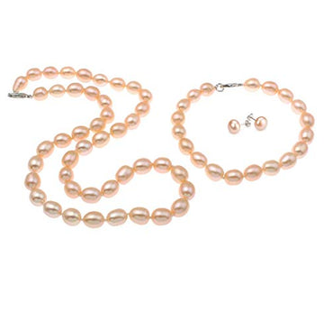 9-10mm Pink Rice Pearl Necklace Matched Bracelet, Earrings set -