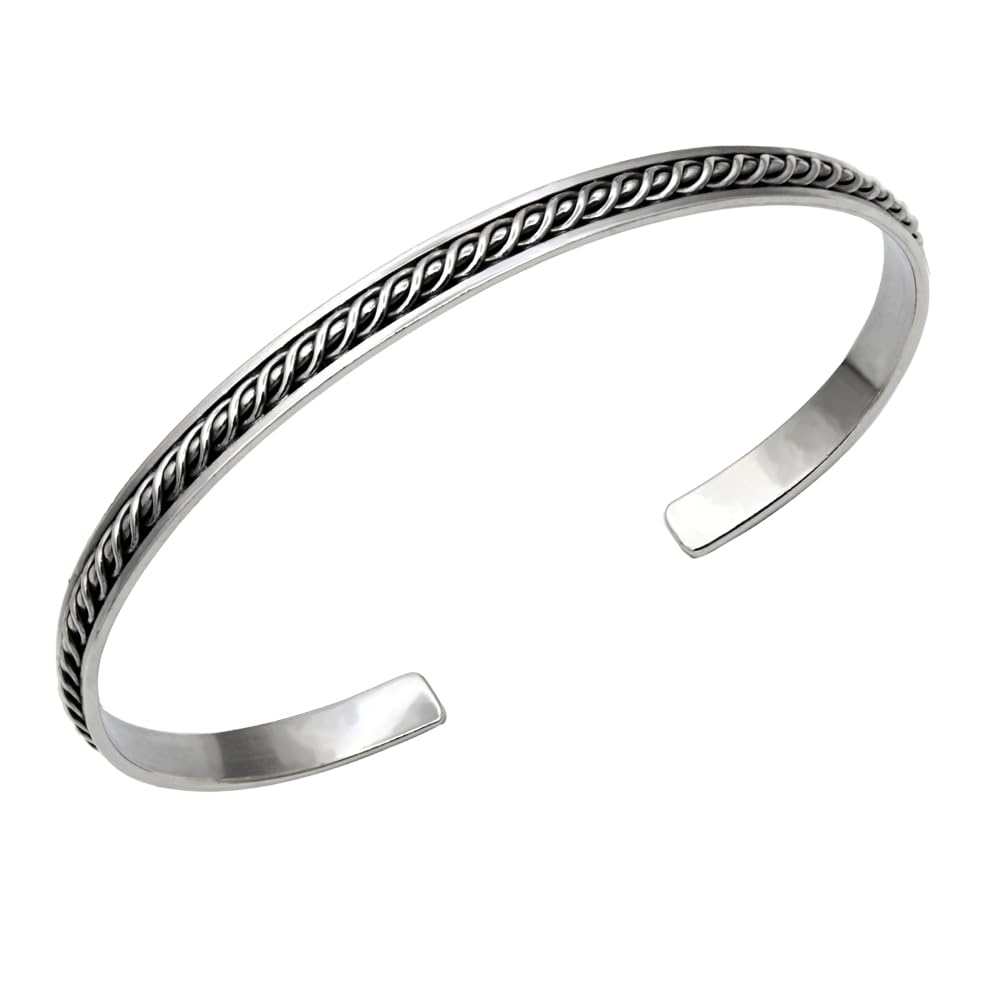 Women’s 5mm sterling silver open cuff bangle with a twisted-rope centre, darkened recesses and polished borders.
