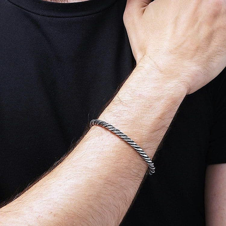 Mens Sterling Silver Twisted Chain Bangle Bracelet