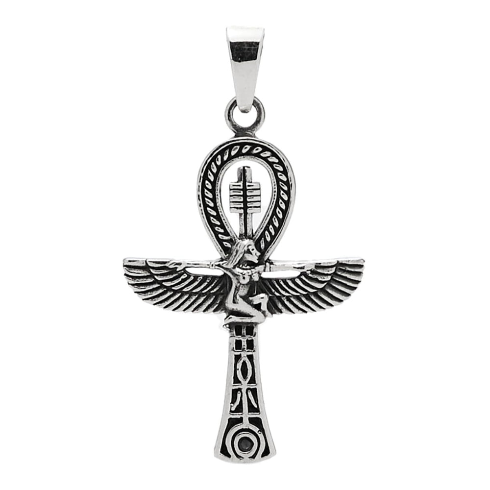 Elegant Sterling Silver Egyptian Cross with Angel Wings Pendant – A Symbol of Spirituality and Timeless Elegance