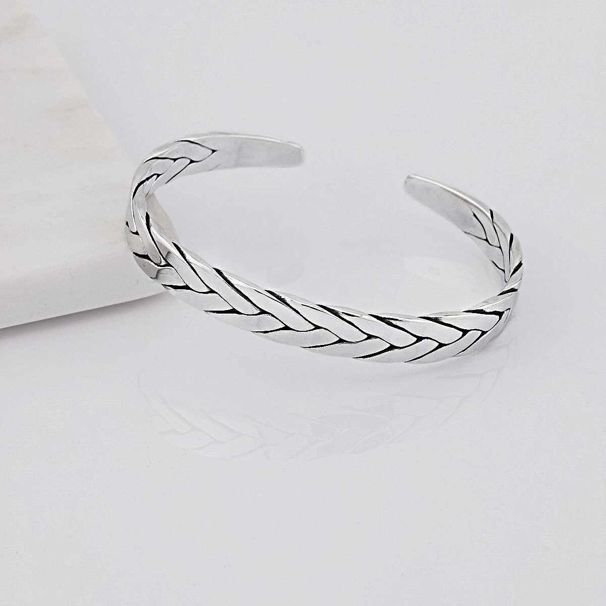 Mens Sleek Braided Silver Cuff Bangle | Unique Polished Silver Bracelet For Men