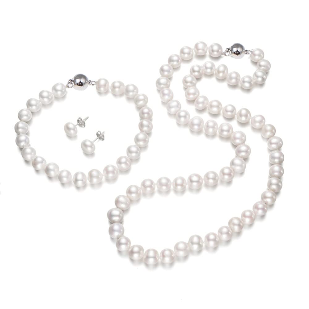 White Pearl necklace bracelet and earrings for women