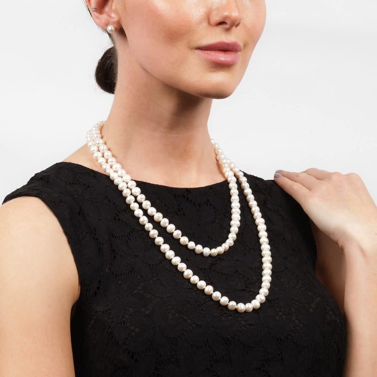 womens long white pearl necklace earrings