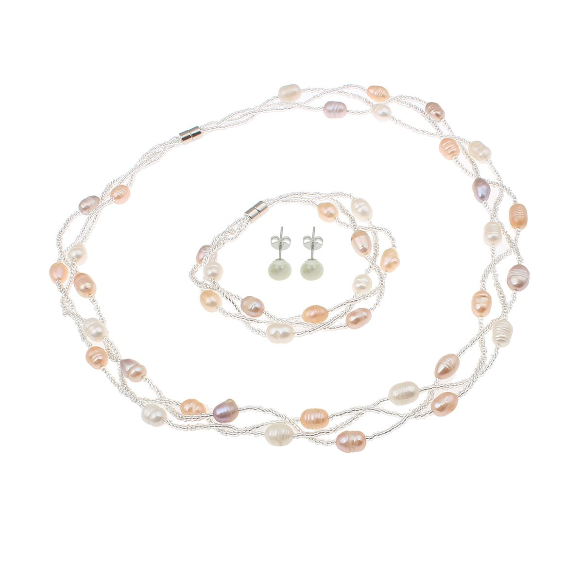 Pearl Necklace Bracelet and Earrings Womens Jewellery Set