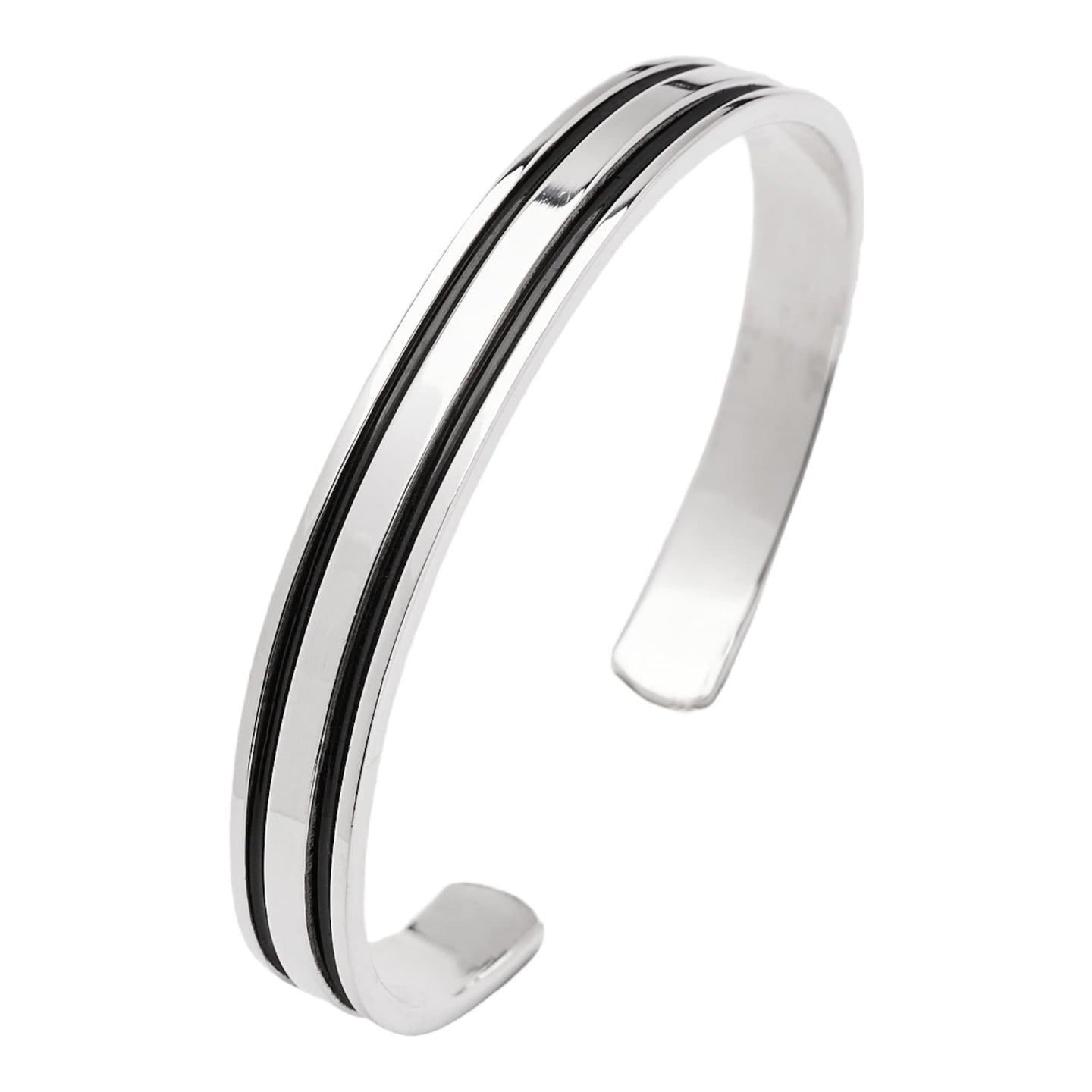 mens silver bracelet - black lines bangle