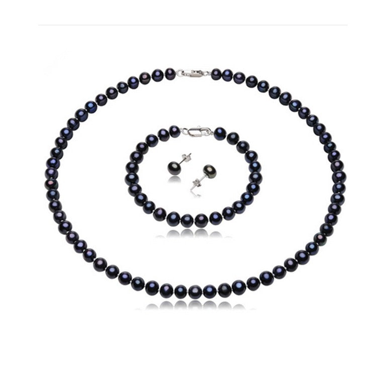 womens black pearl necklace bracelet earrings set