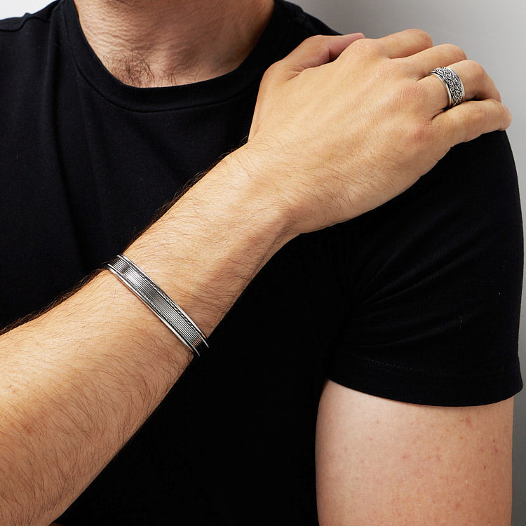 mens solid silver bangle braided