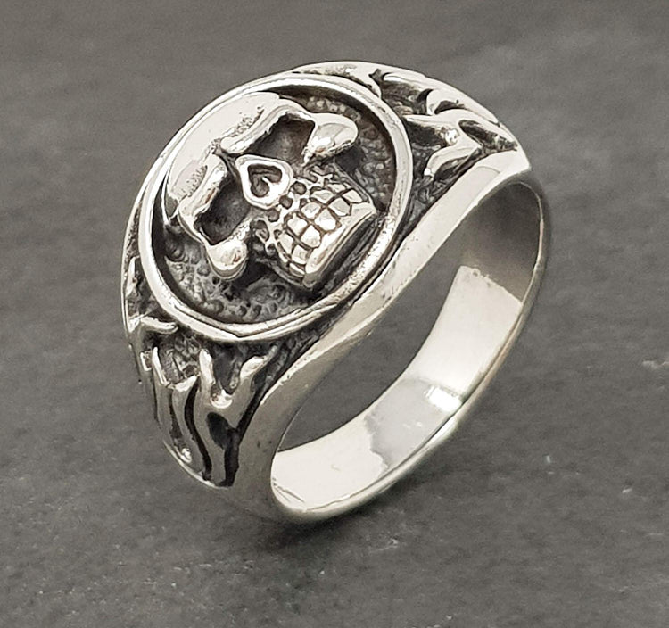 Mens Silver Biker Skull Ring