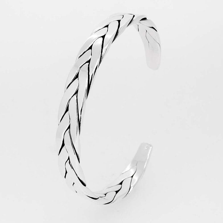 Mens Braided Silver Cuff Bangle Bracelet