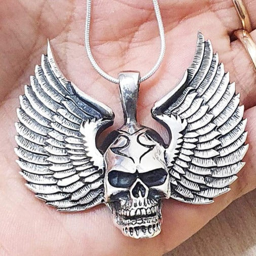 Silver Skull And Wings Pendant For Men And Women