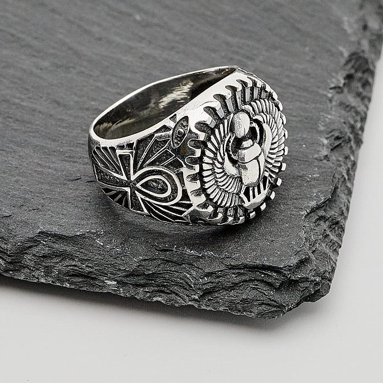 Mens Egyptian Scarab Silver Ring,