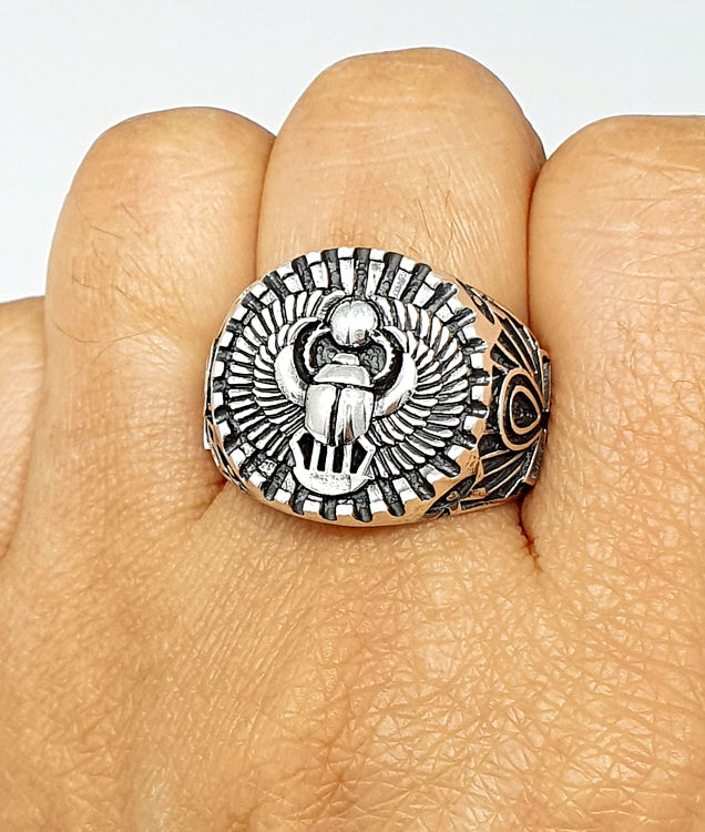 Mens Egyptian Scarab Silver Ring,
