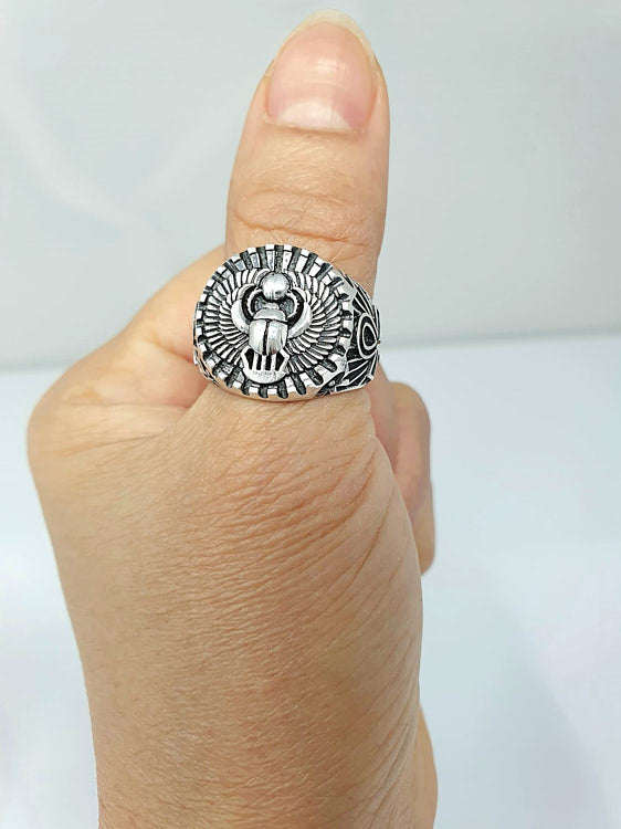 Mens Egyptian Scarab Silver Ring,
