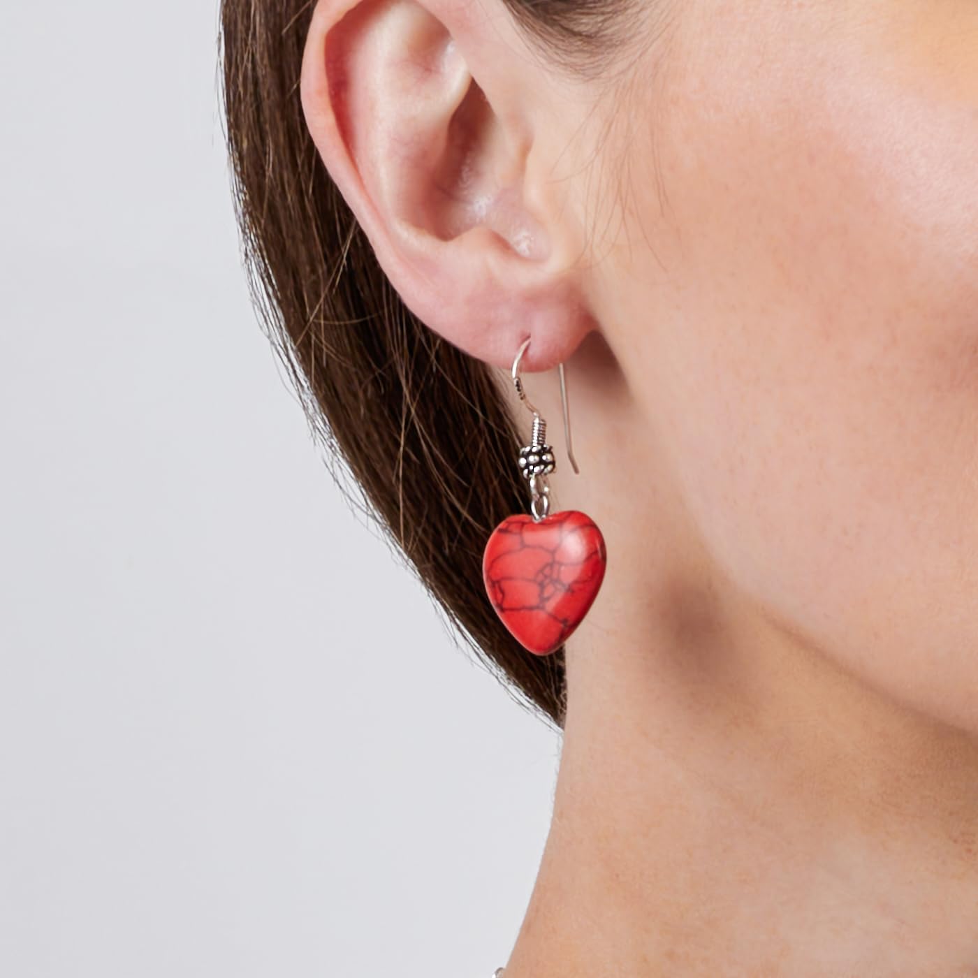 Womens Handmade Natural Red Turquoise Gemstone Heart Shape Sterling Silver Drop Earrings