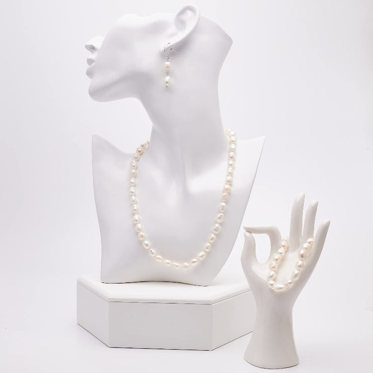 white pearl necklace bracelet and earrings for women
