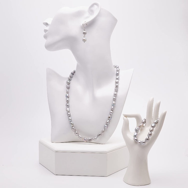 grey pearl necklace bracelet and earrings for women