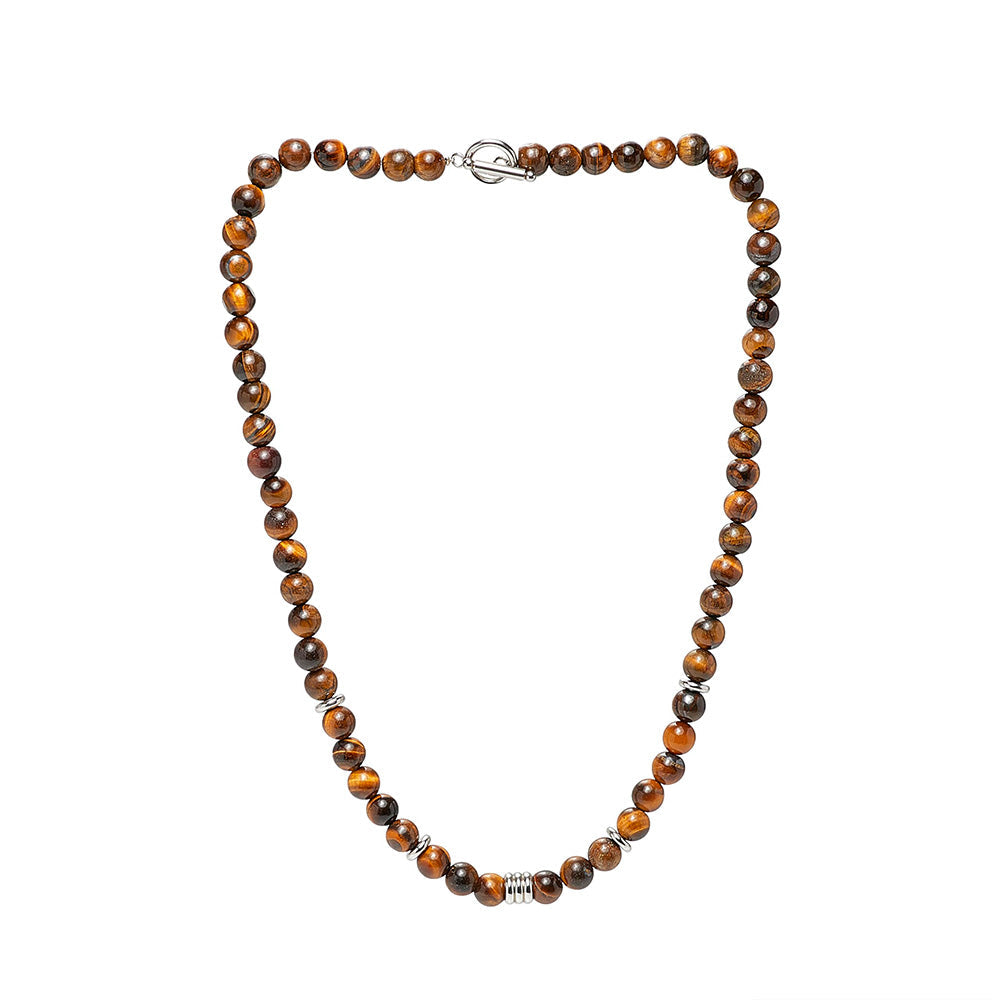 Mens Handmade Gemstone Beaded Chain Necklace with Stainless Steel Beads Contrast