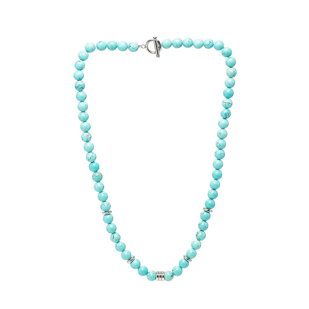 Mens Handmade Gemstone Beaded Chain Necklace with Stainless Steel Beads Contrast