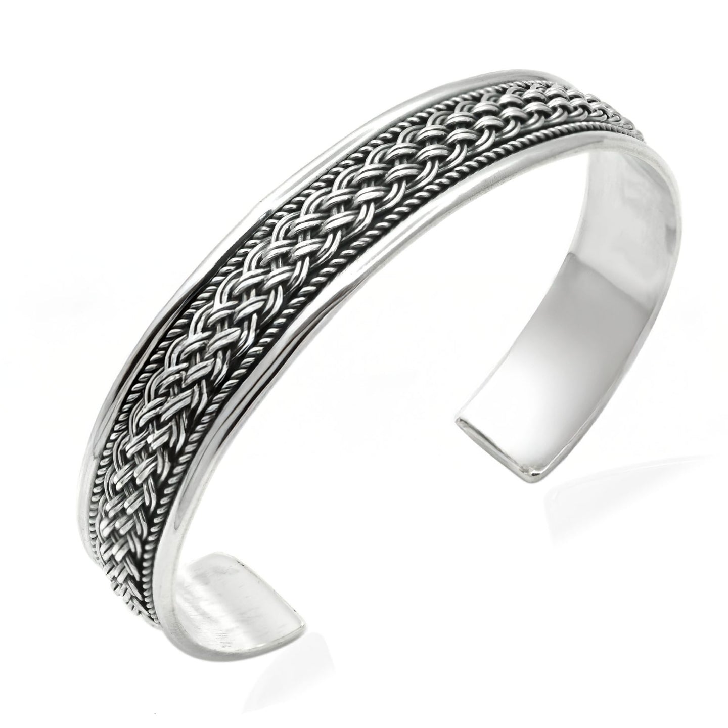 Men’s Braided Sterling Silver Cuff Bangle Bracelet | Adjustable 925 Silver Statement Bracelet – Gift Boxed