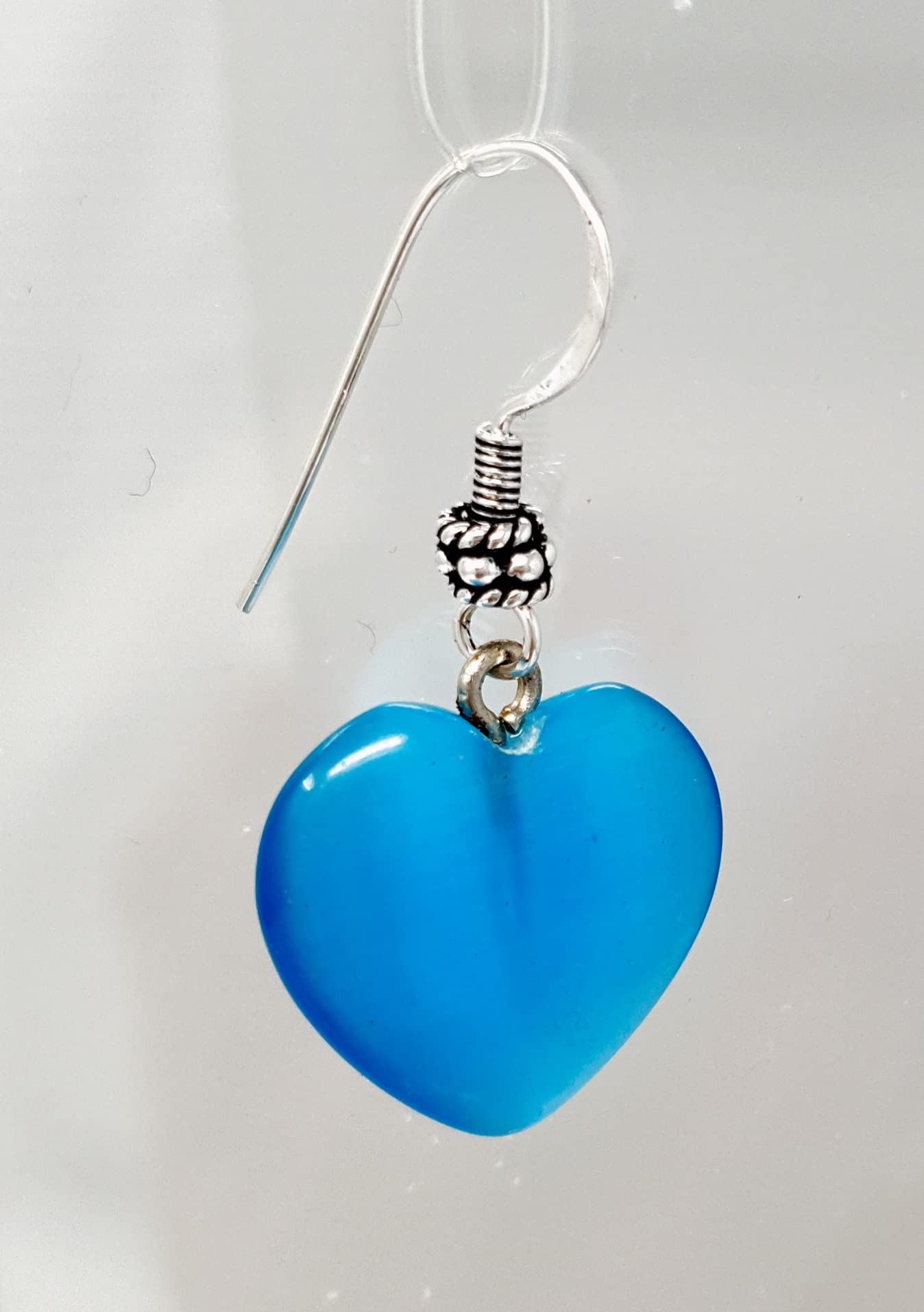 Stunning Womens Handmade Natural Blue Cats Eye Gemstone Heart Shape Sterling Silver Drop Earrings