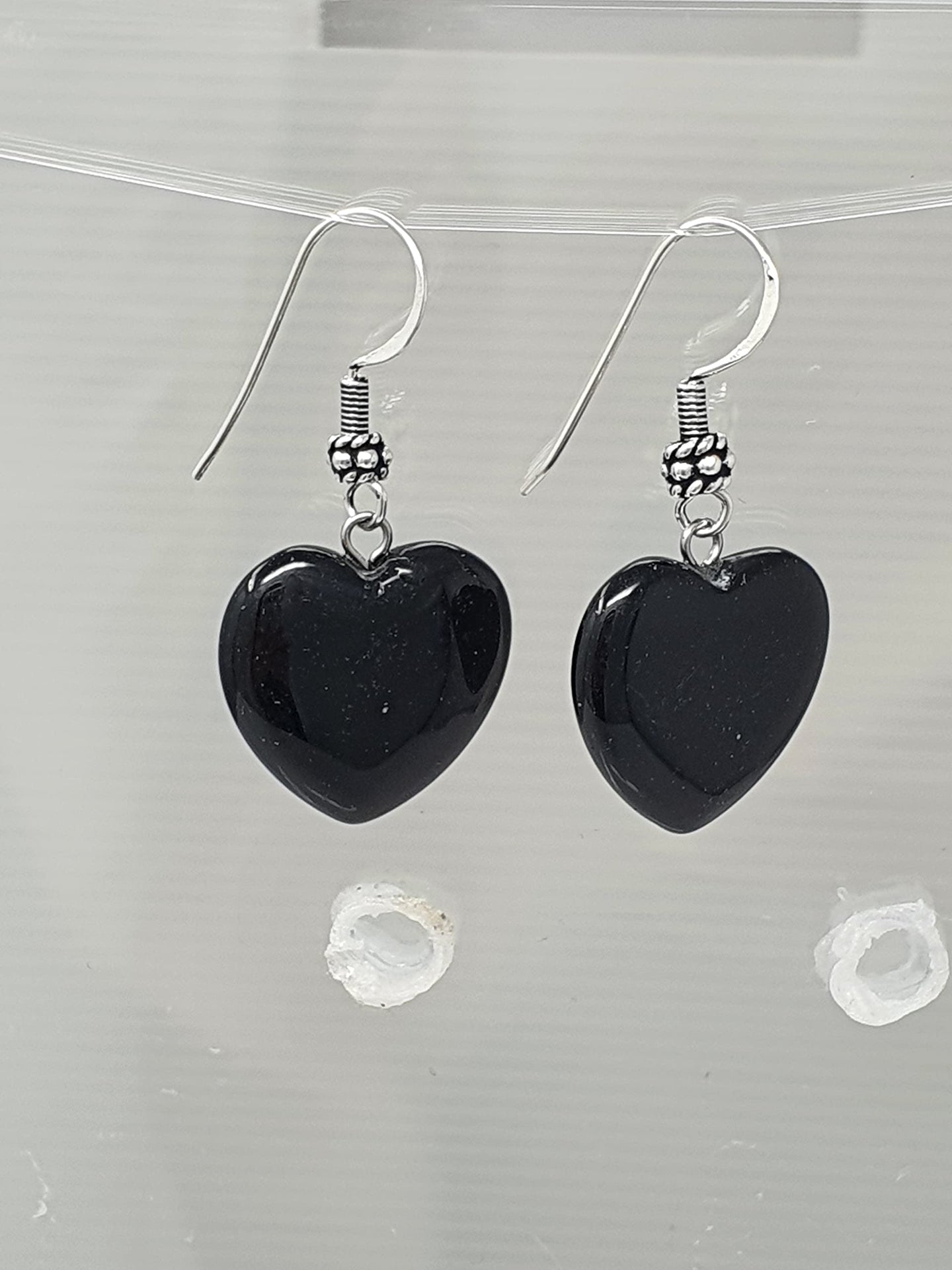 Stunning Womens Handmade Natural Black Agate Gemstone Heart Shape Sterling Silver Drop Earrings