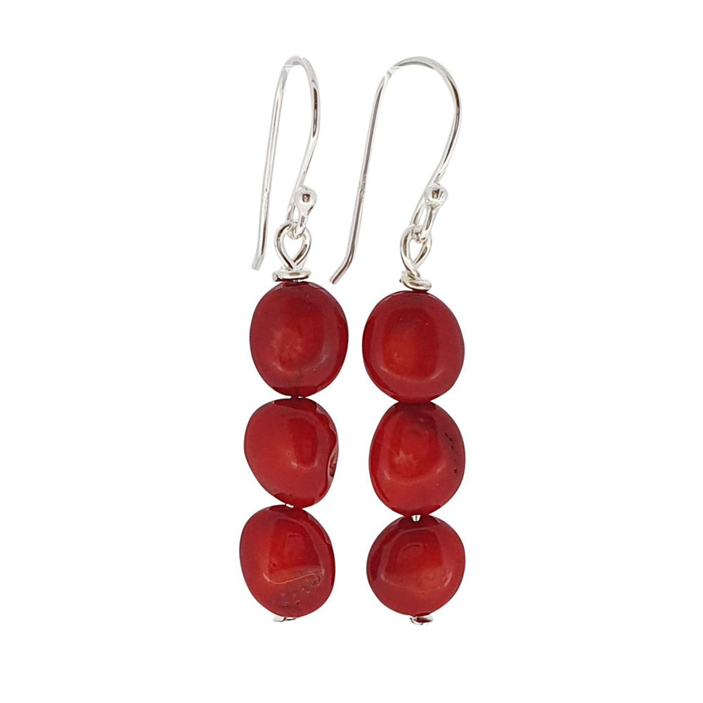 thumbnail image 2 of Natural Red Coral Dangle Earrings – 10x25mm, Sterling Silver Hooks, Handmade 2 of 5