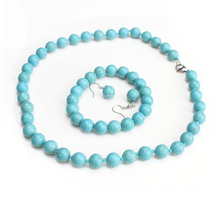 Womens Turquoise Gemstone Necklace, Bracelet and earrings set