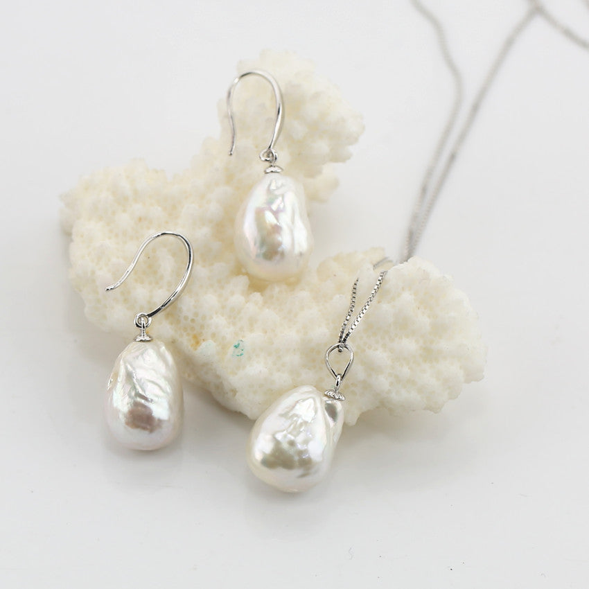 Womens Elegant Large Pearl Pendant Necklace and Earring Set