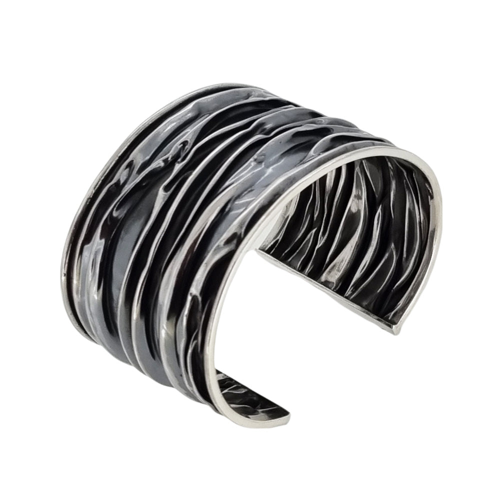 Womens Statement Chunky Large Silver Cuff Bangle 40mm Wide Crushed Design