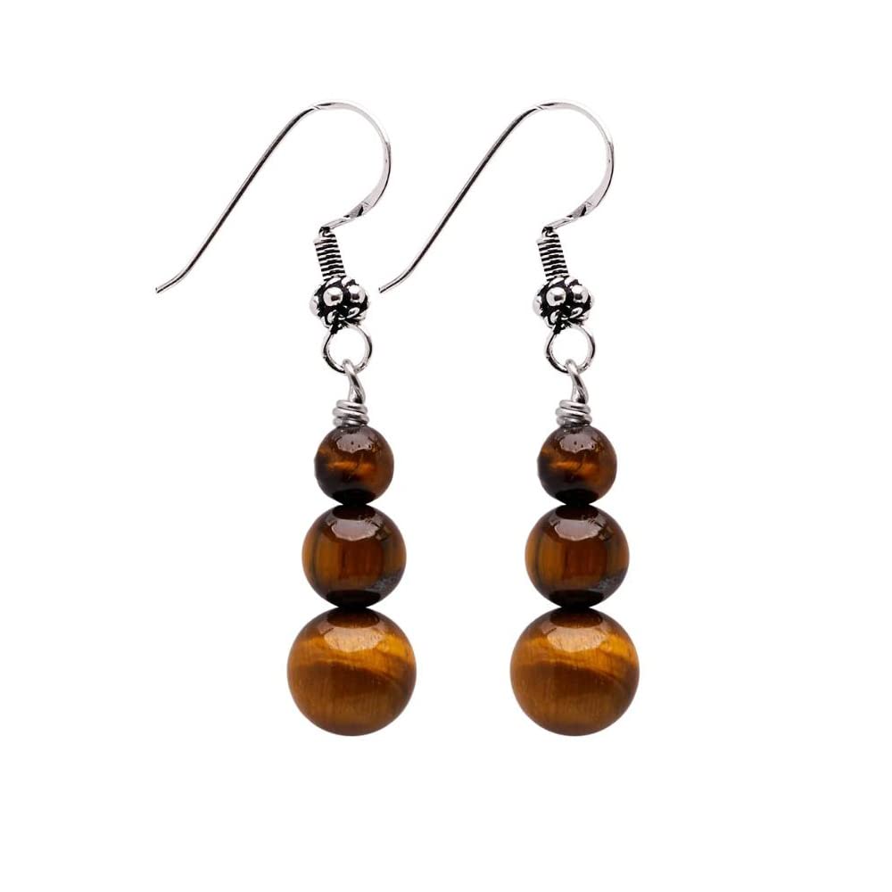 Womens Natural Gemstone Triple Bead and Sterling Silver Dangle Drop Earrings Handmade Brown Tigers Eye