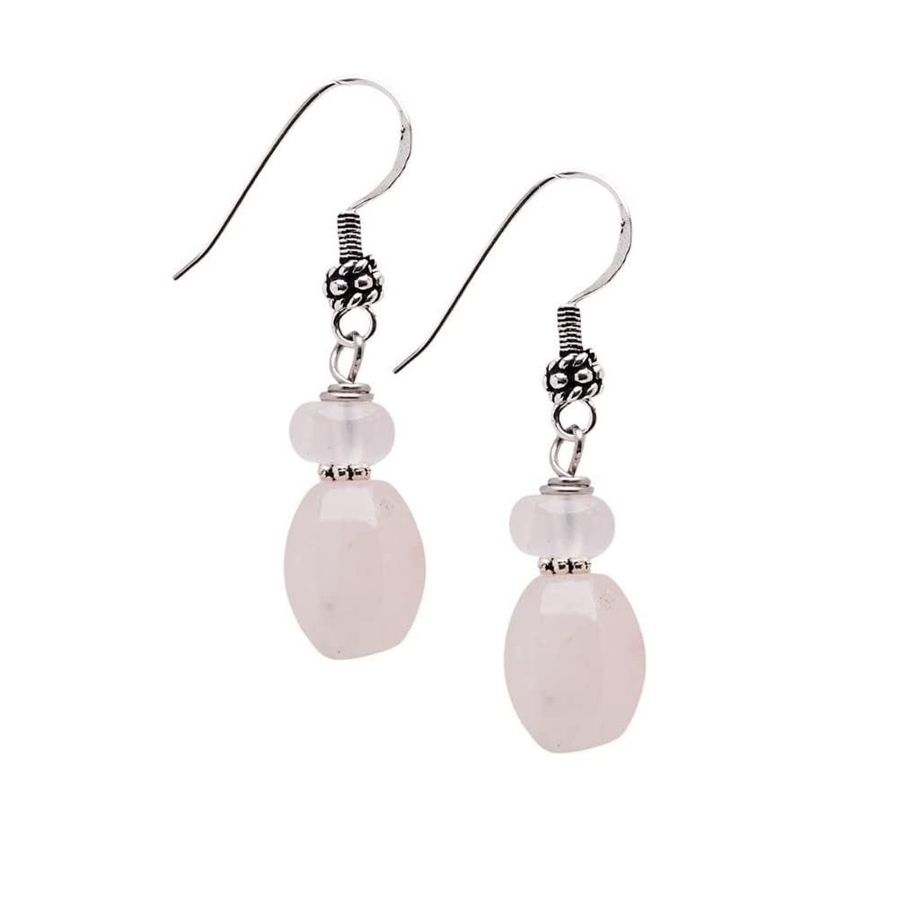 Pink Rose Quartz Womens Handmade Natural Gemstone Sterling Silver Dangle Drop Earrings