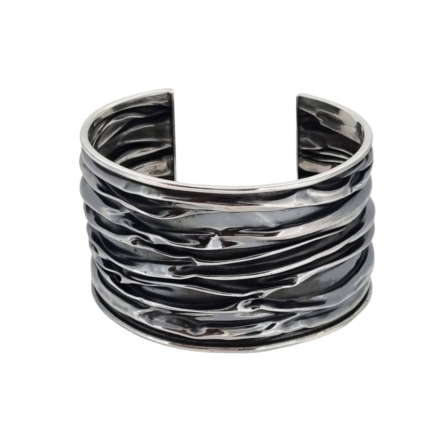 Womens Statement Chunky Large Silver Cuff Bangle 40mm Wide Crushed Design