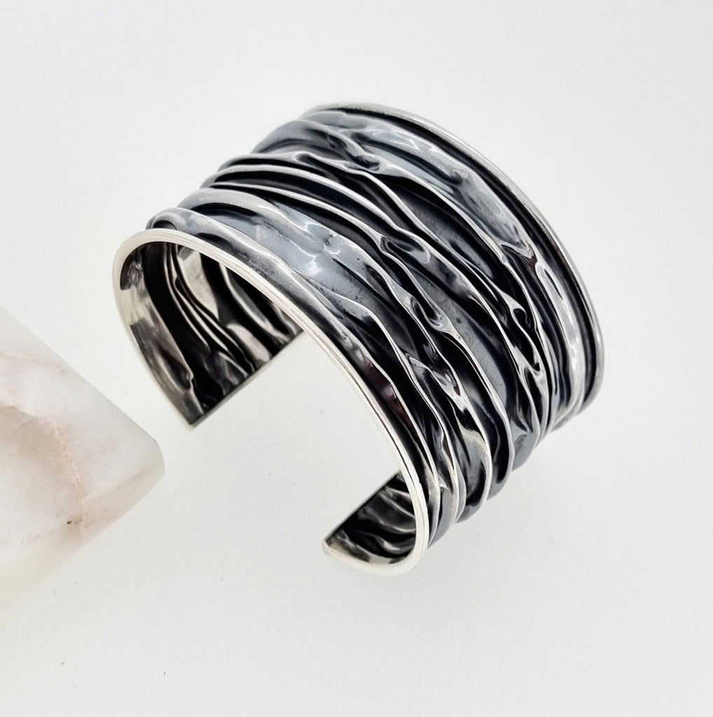 Womens Statement Chunky Large Silver Cuff Bangle 40mm Wide Crushed Design