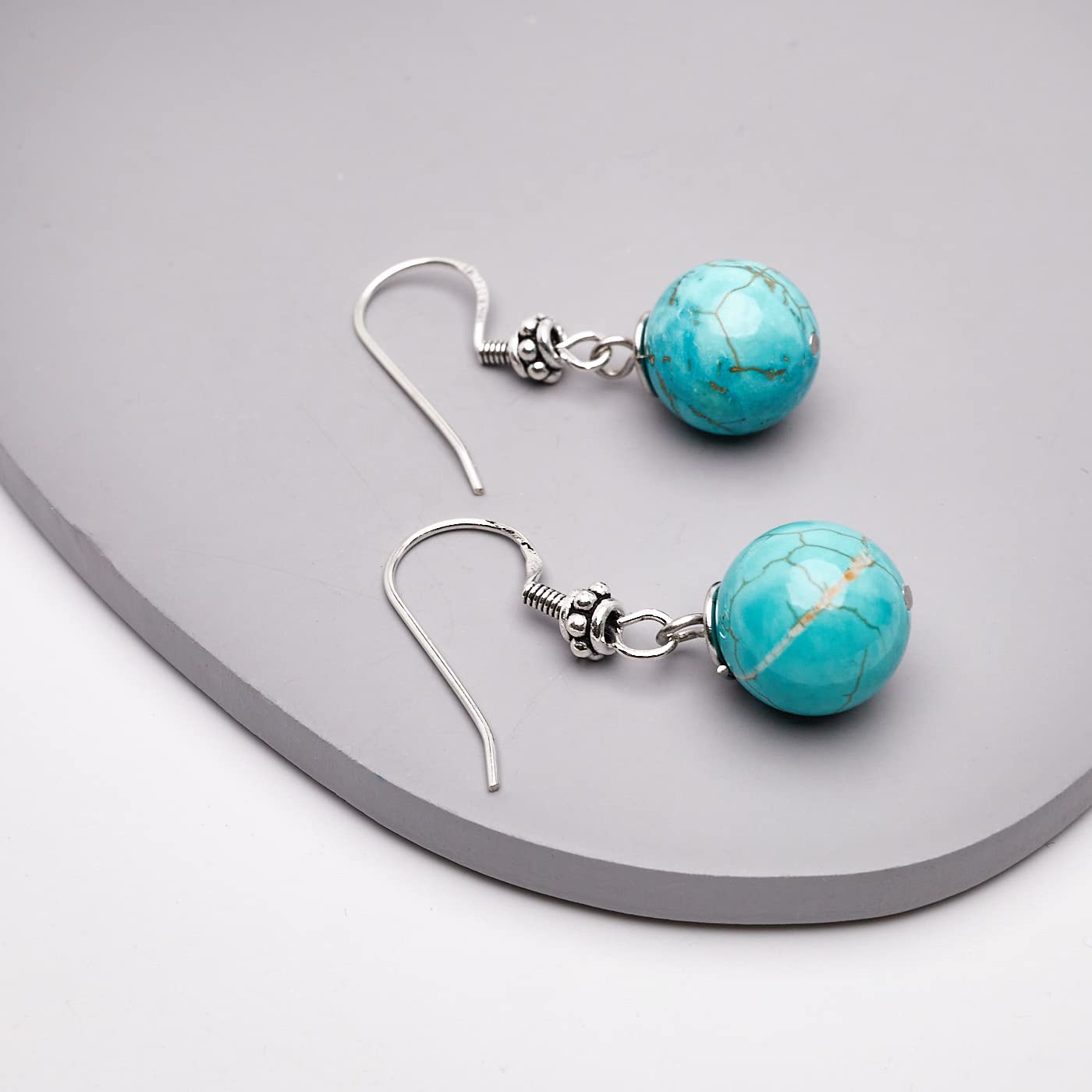 Stunning Womens Handmade 12mm Natural Blue Turquoise Dangle Drop Earrings