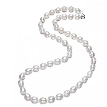 Womens Elegant Freshwater Rice Shape White Pearl 8-9mm Necklace