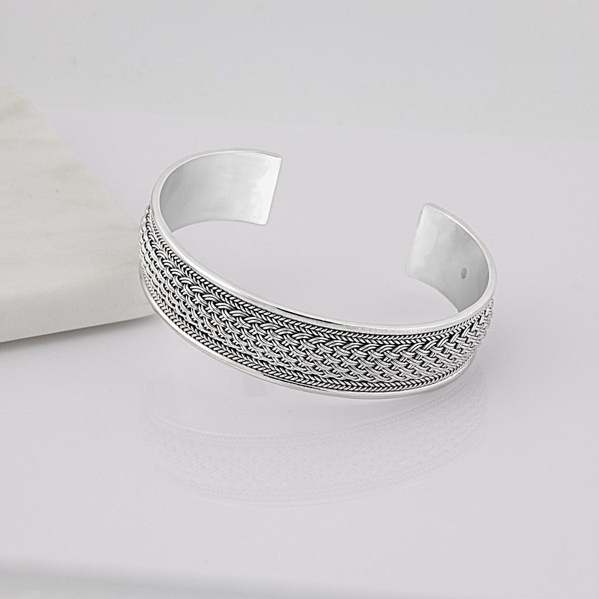Sterling Silver Woven Design Cuff Bangle