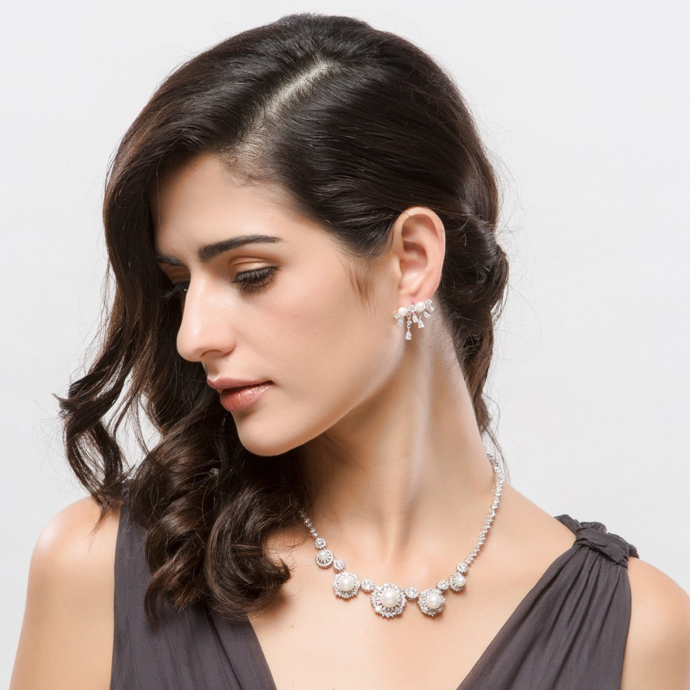 Womens CZ Crystal Earrings - Charm Bar Crystal and Pearl Stud Earrings