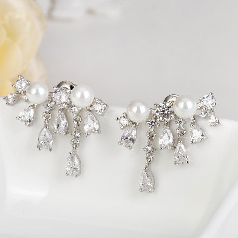 Womens CZ Crystal Earrings - Charm Bar Crystal and Pearl Stud Earrings