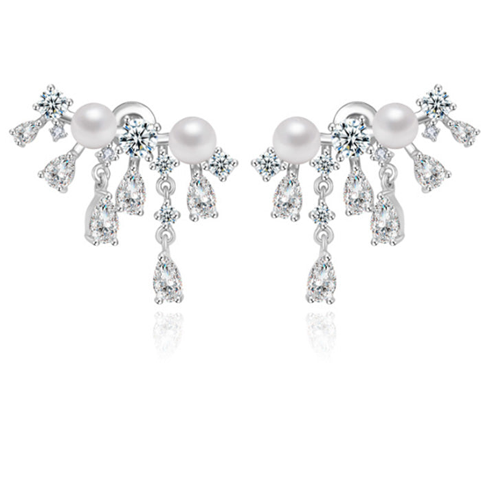 Womens CZ Crystal Earrings - Charm Bar Crystal and Pearl Stud Earrings
