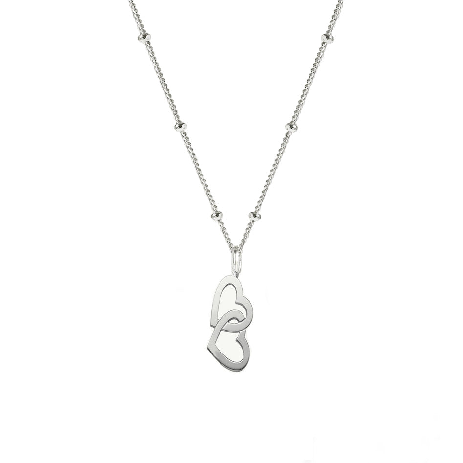 Womens 925 Silver Necklace | Double Hearts Charm Pendant on Silver Curb Chain Beaded Necklace for Women Girls