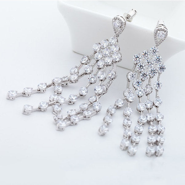 Womens CZ Crystal Dangle Drop Earrings - Luxury Five Strand
