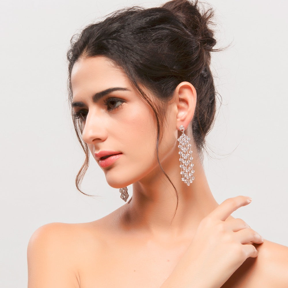 Womens CZ Crystal Dangle Drop Earrings - Luxury Five Strand