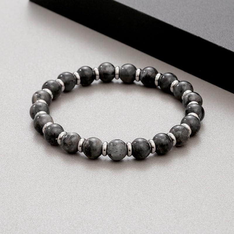 Handmade Natural Gemstone and Stainless Steel Contrast Bracelet for Men, Elastic Stretchy