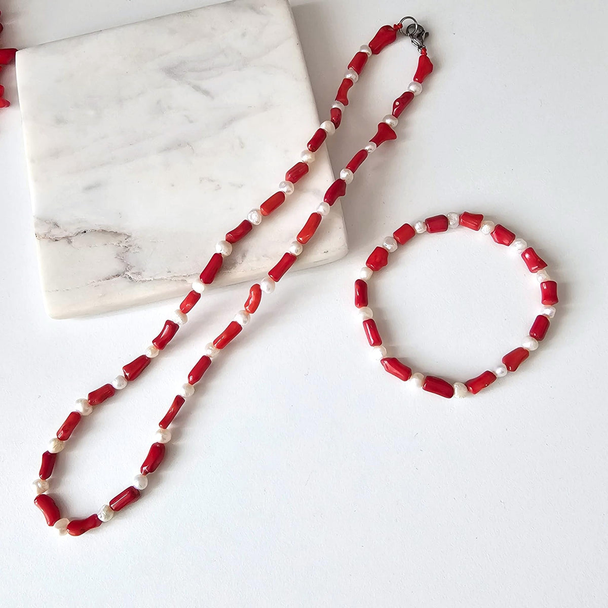 red coral white pearl necklace bracelet set