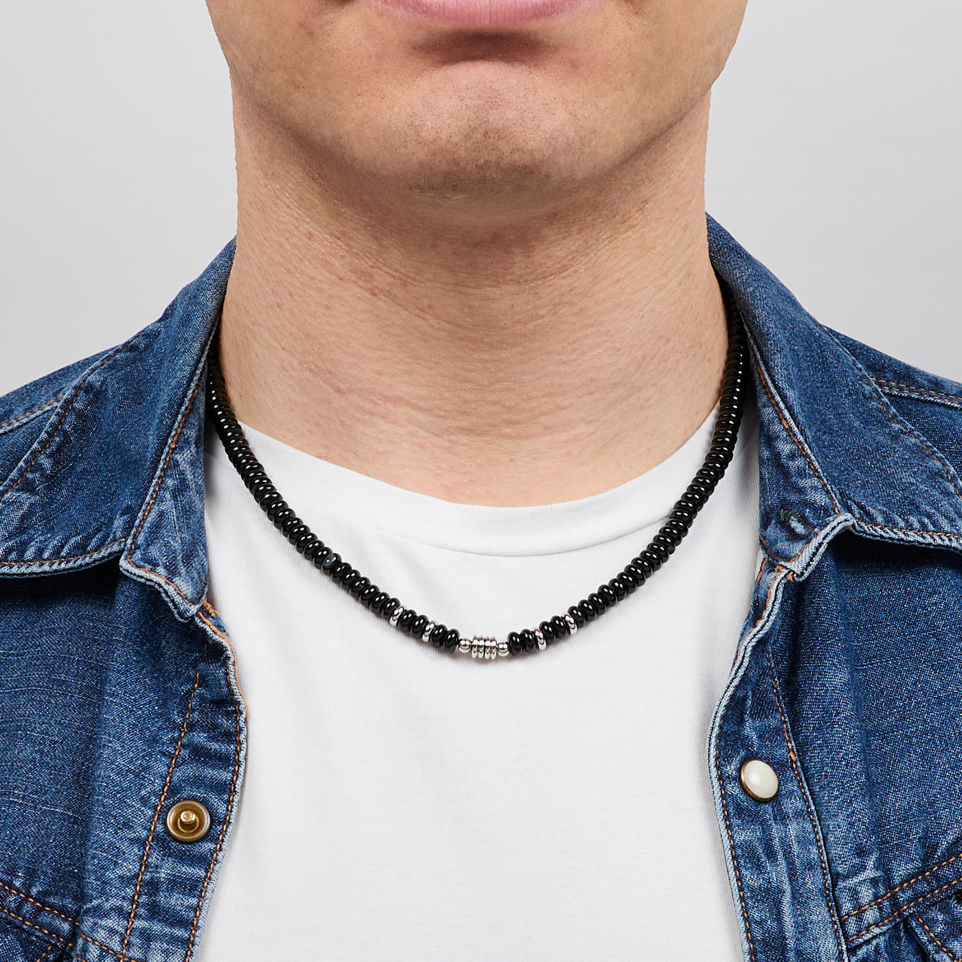 Handmade Natural Black Rondelle Gemstone Beaded Necklace for men